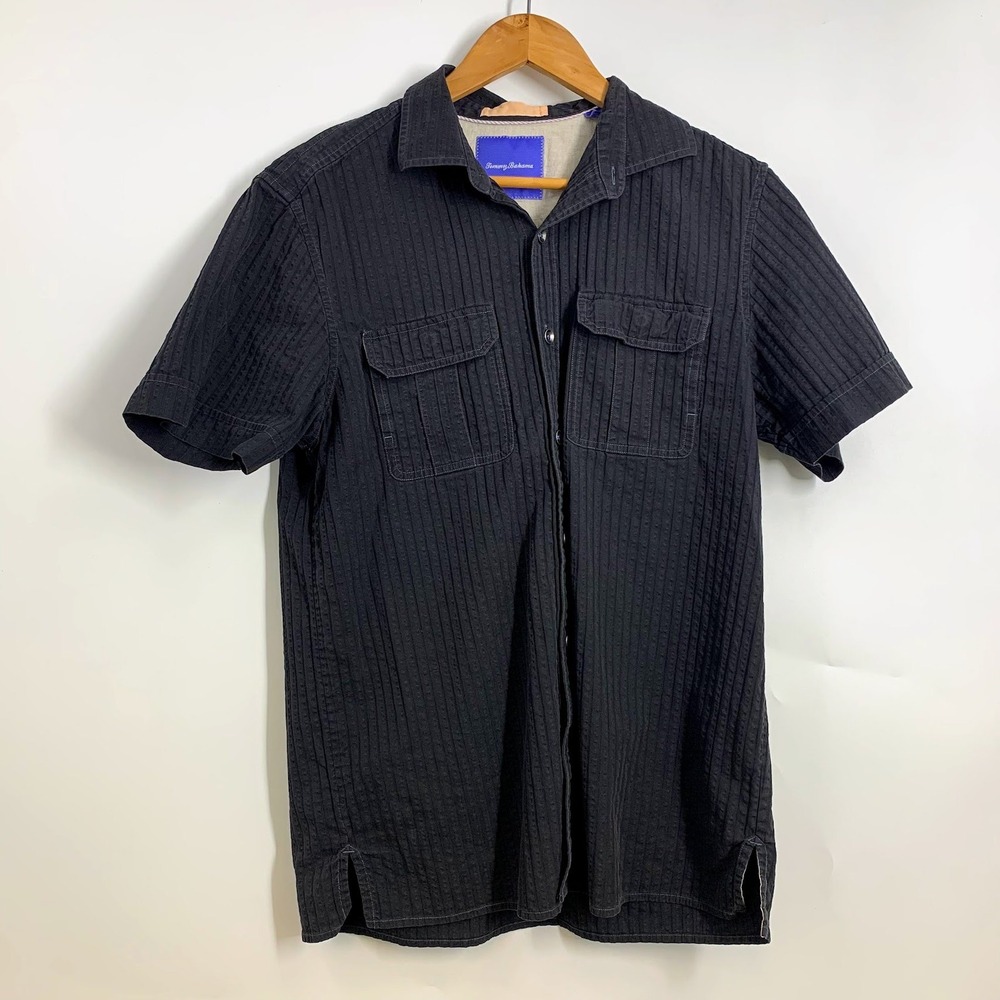 Tommy Bahama‎ Mens Black Textured Short Sleeve Button Up Shirt Size M